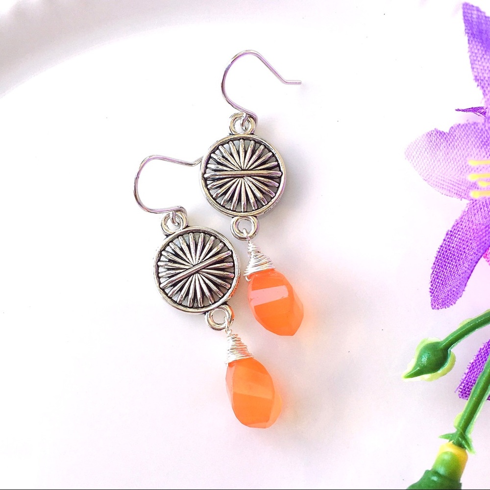 Silver Sunburst And Carnelian Drop Earrings